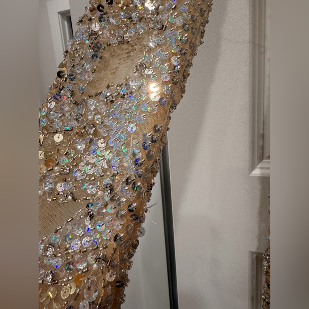 Jovani Gold Sequin Beaded Mini Dress | Long Sleeve Cocktail Dress Designer - Picture 10 of 14